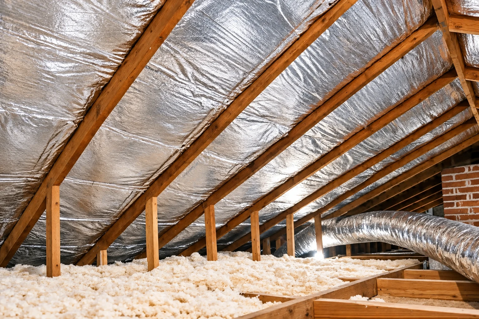 Attic roof slopes lined with reflective insulation above a layer of loose white blown-in insulation.