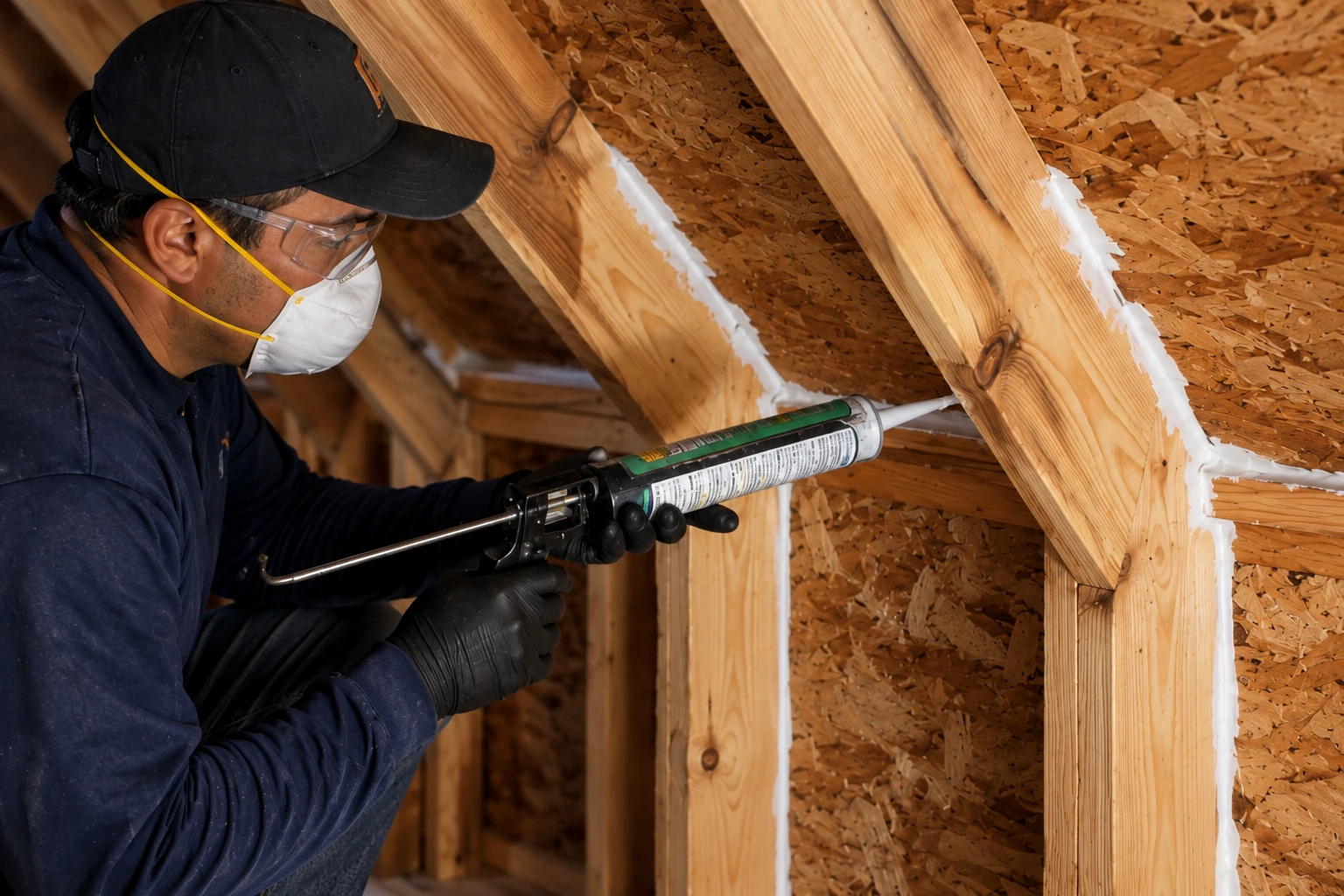 A worker wearing safety gear applies white sealant along joints between wooden attic rafters with a caulking gun.