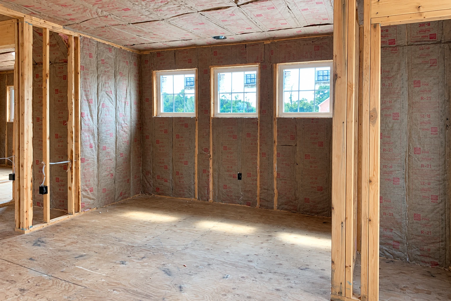 Unfinished room with fiberglass batt insulation fitted between wall studs and across the ceiling, with three windows and exposed wood framing.