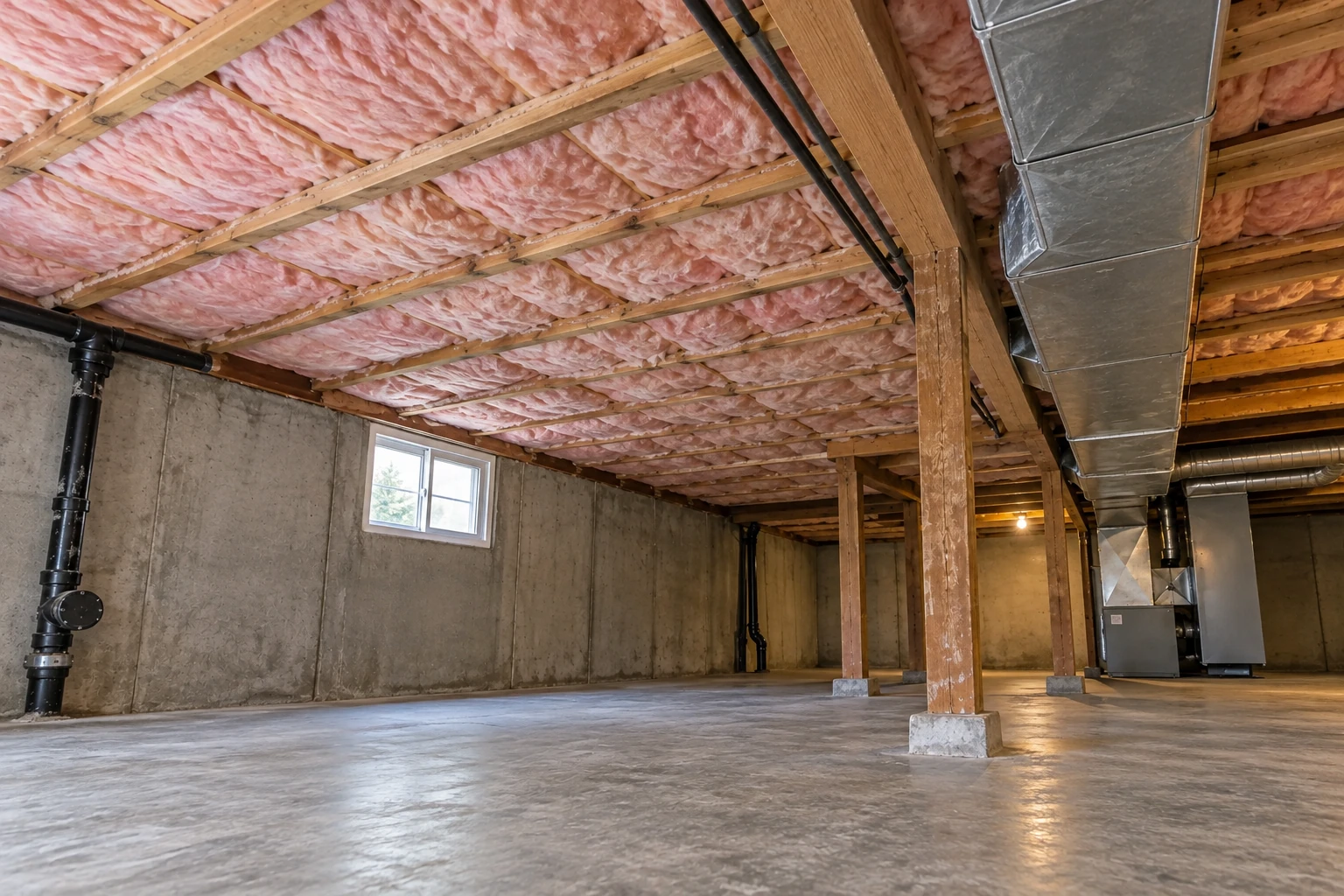 Pink insulation fills the ceiling joists of an unfinished basement above a concrete floor, with ductwork and support posts nearby.