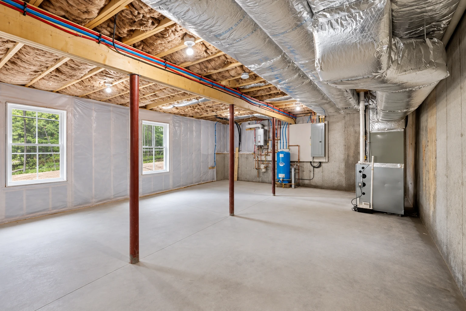 An unfinished basement has fiberglass insulation between ceiling joists, large silver ducts overhead, and utility equipment along the wall.
