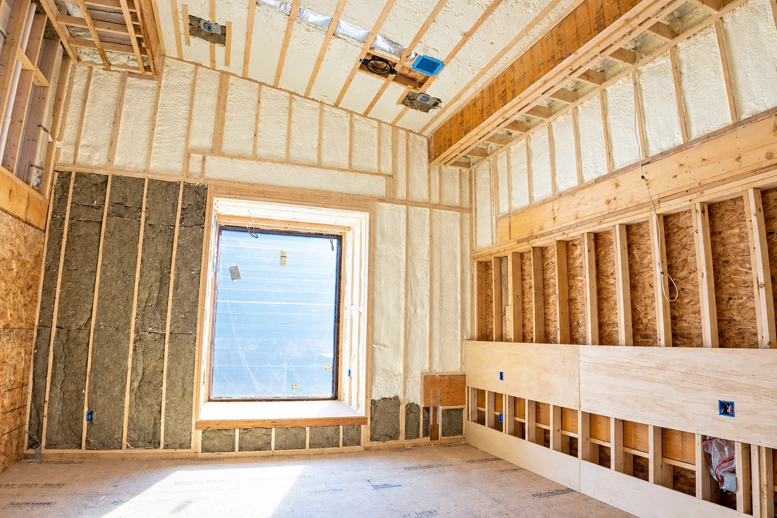 White spray foam fills the wall and ceiling cavities of an unfinished room framed with exposed wooden studs.