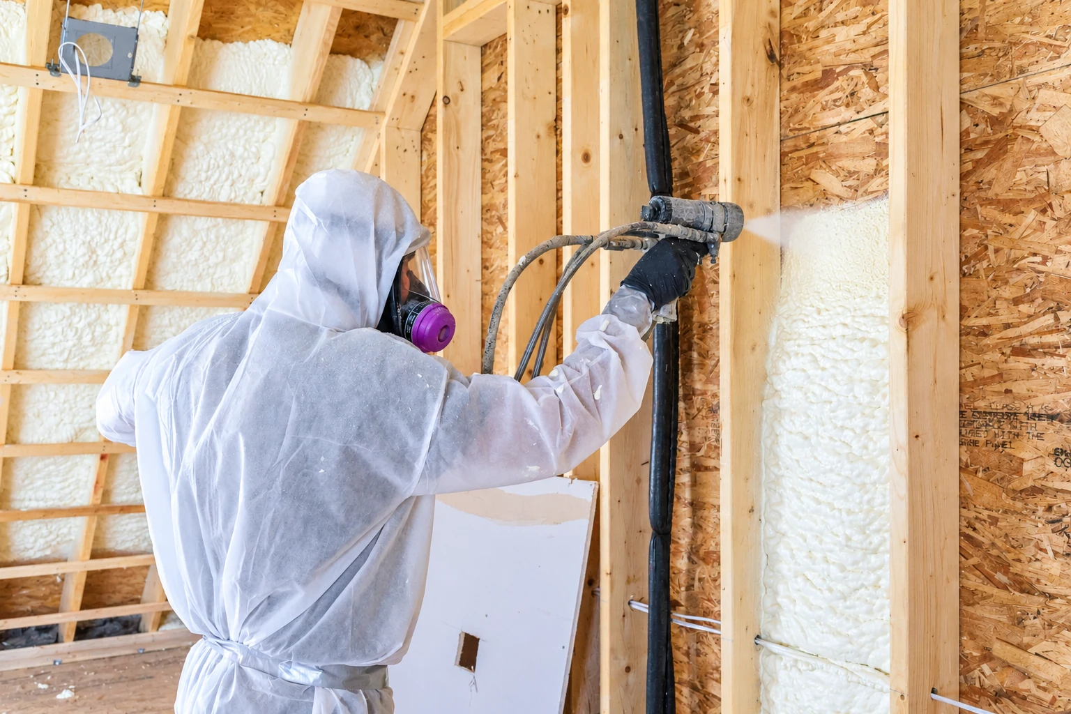 Worker in protective coveralls and respirator sprays foam insulation between exposed wall studs.