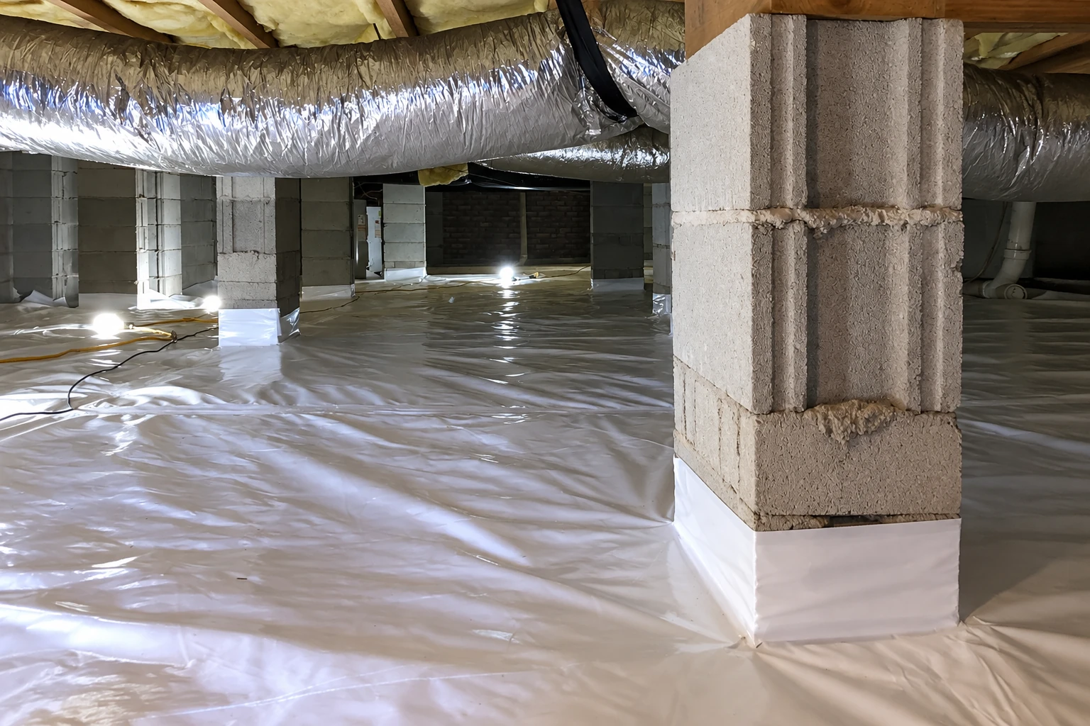 A crawl space has white vapor barrier sheeting across the floor, with block piers, overhead insulation, and silver ductwork.