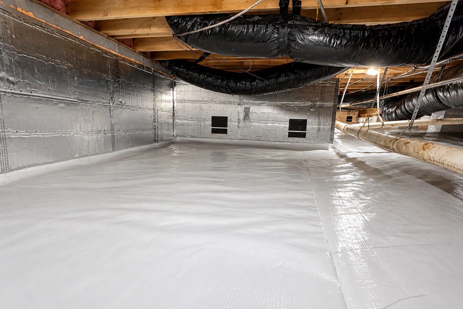 Crawl space with a white vapor barrier covering the floor, reflective insulated walls, and black ducts overhead.