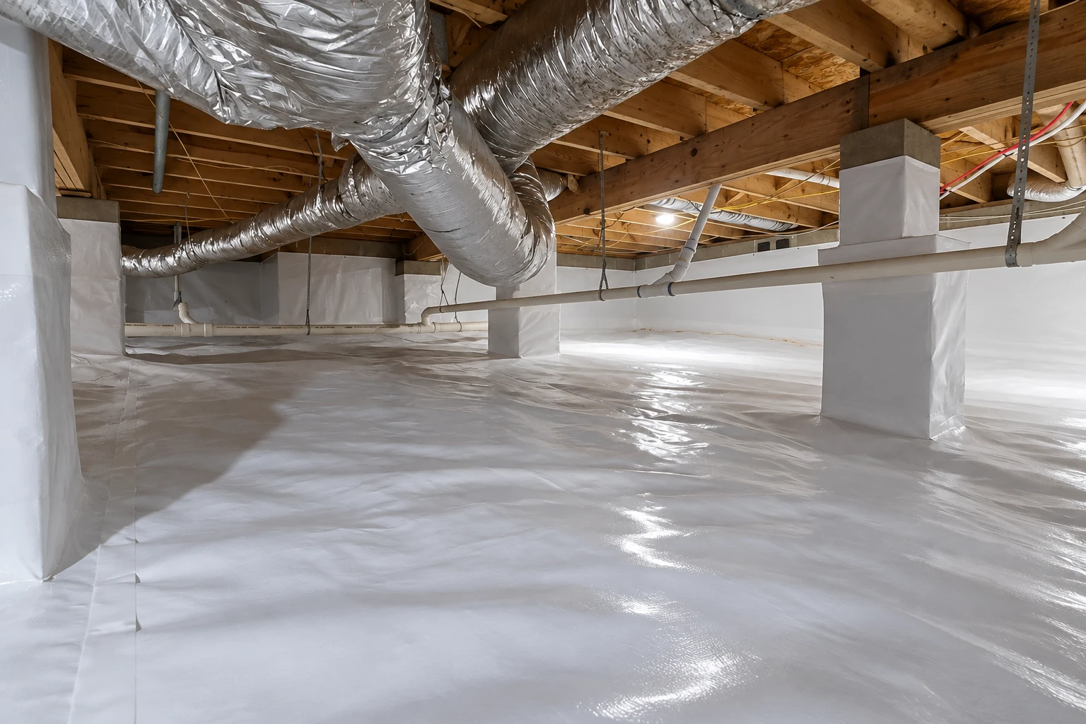 Crawl space with a continuous white vapor barrier covering the floor and wrapped around support piers, beneath ducts and exposed joists.