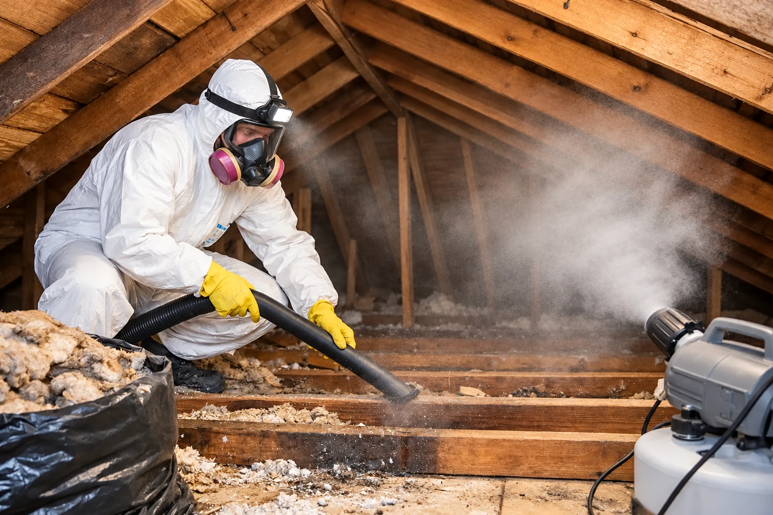 A worker in protective gear vacuums old attic insulation through a hose as dust rises nearby.