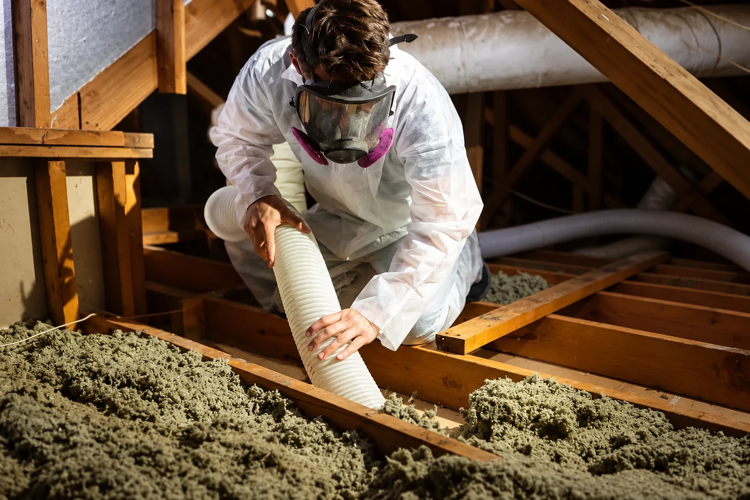 A worker in protective clothing and a respirator uses a large hose to remove loose attic insulation between wooden joists.