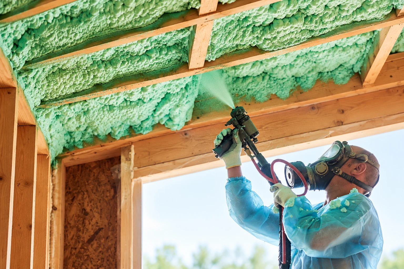 A worker in protective gear sprays green open-cell foam insulation into roof rafters.