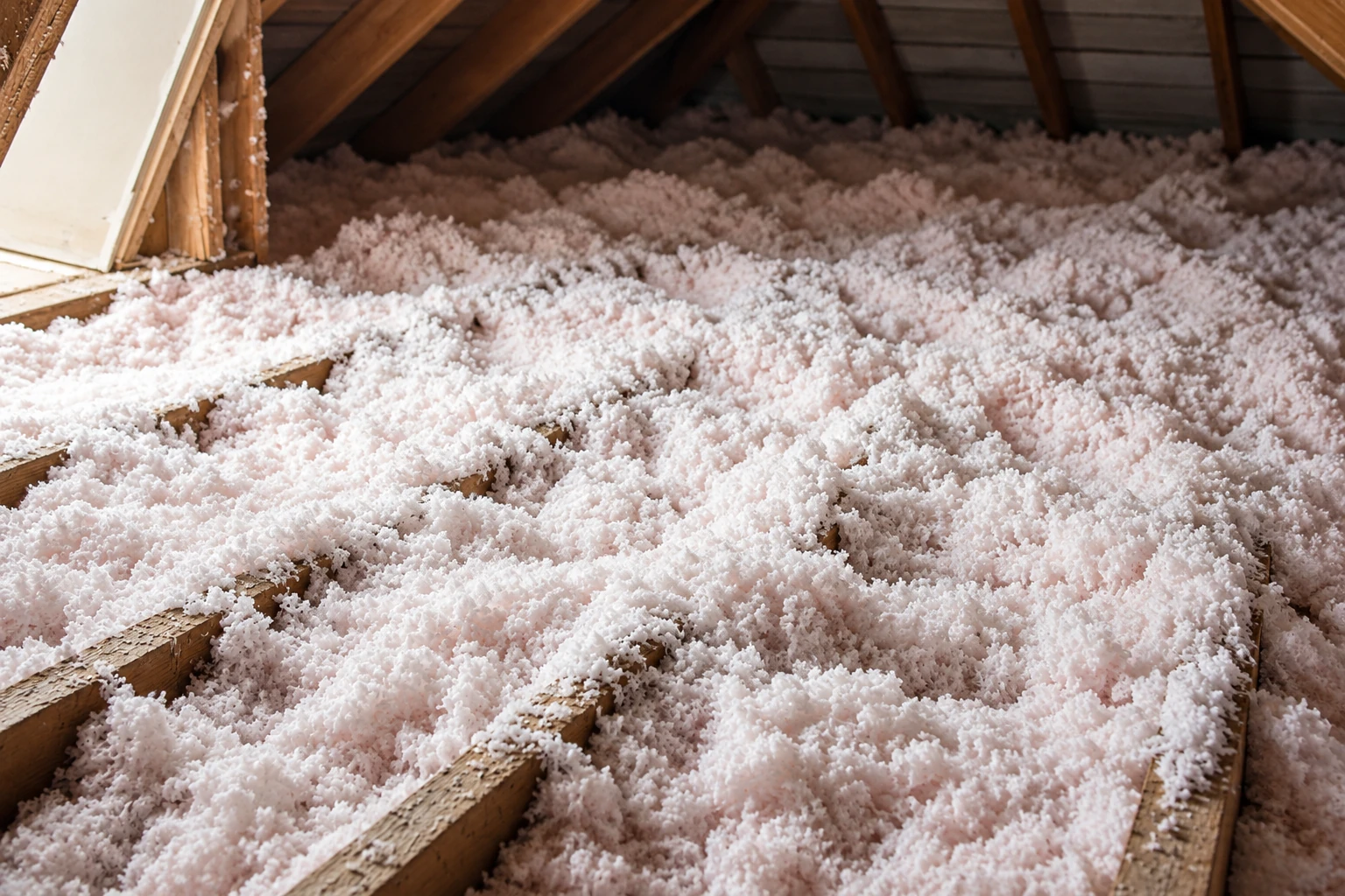 Loose white blown-in insulation covers the floor between exposed attic joists.