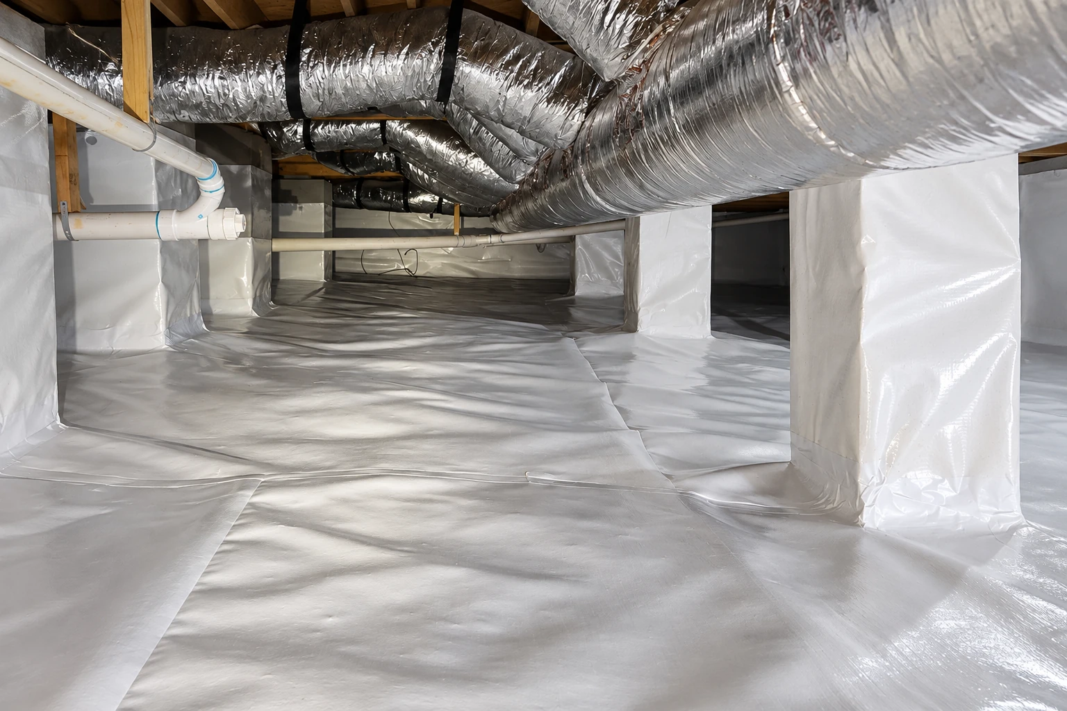 White vapor barrier covers the crawl-space floor and support piers beneath silver ducts and wooden floor joists.