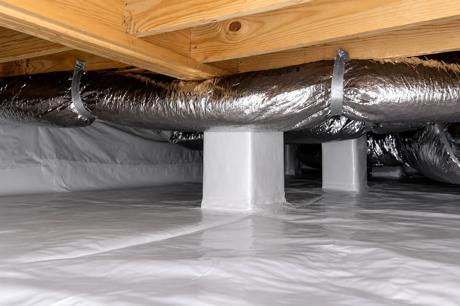 A crawl space has a white vapor barrier across the floor, with foil-wrapped ducts suspended beneath exposed wooden joists.