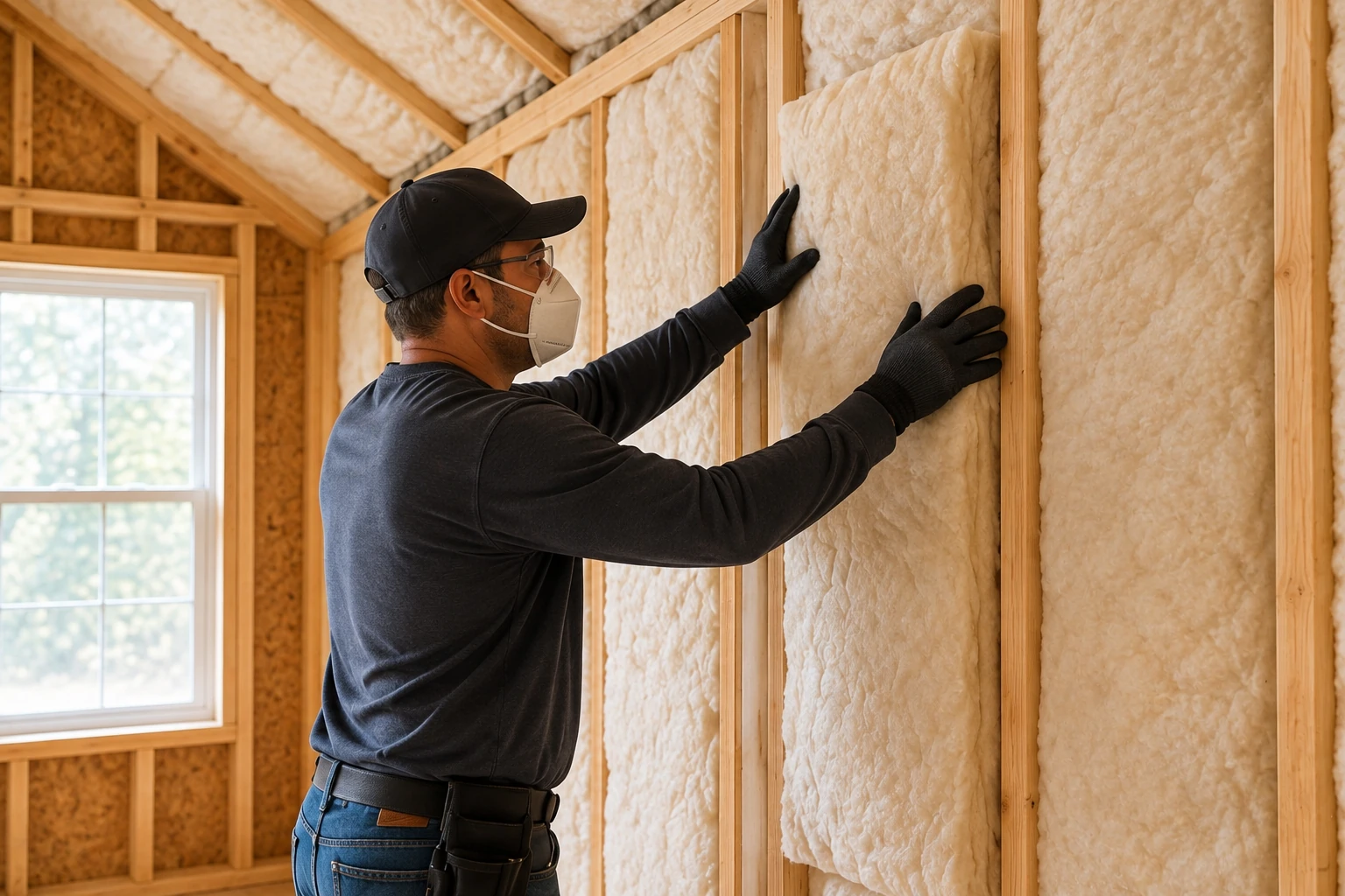 A worker in gloves and a respirator fits fluffy insulation between the wooden studs of an unfinished wall.