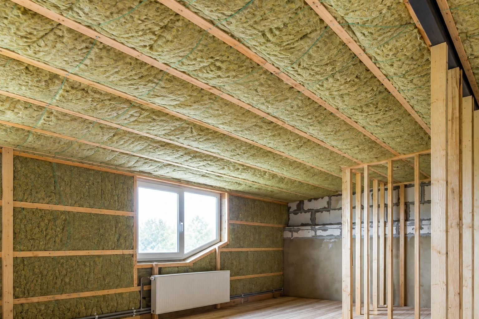 An unfinished room has green batt insulation fitted into the walls and ceiling between exposed wood framing.